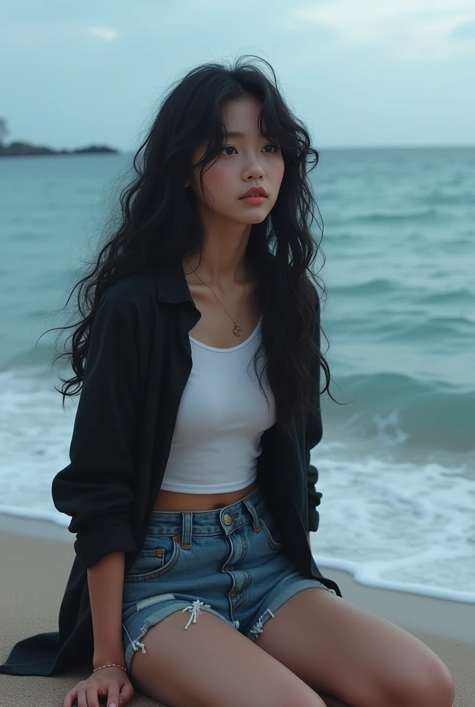 A girl with black long curly hair with black eyes is sitting on the beach looking at the sea, wearing a black shirt, a white short t-shirt and denim shorts