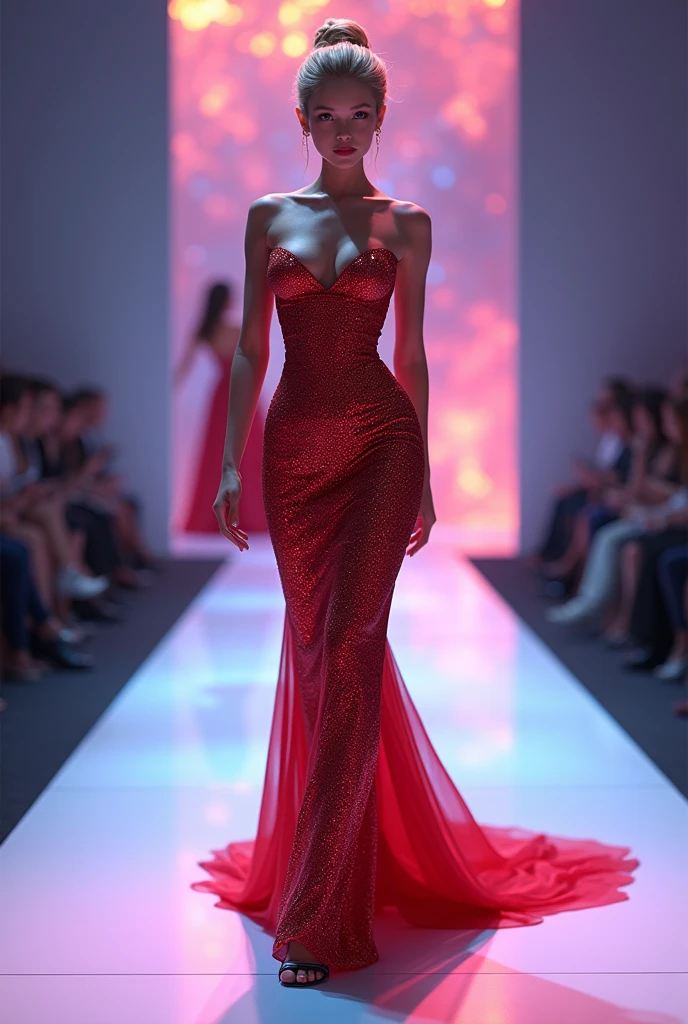Lightning McQueen in a dress competing on a catwalk