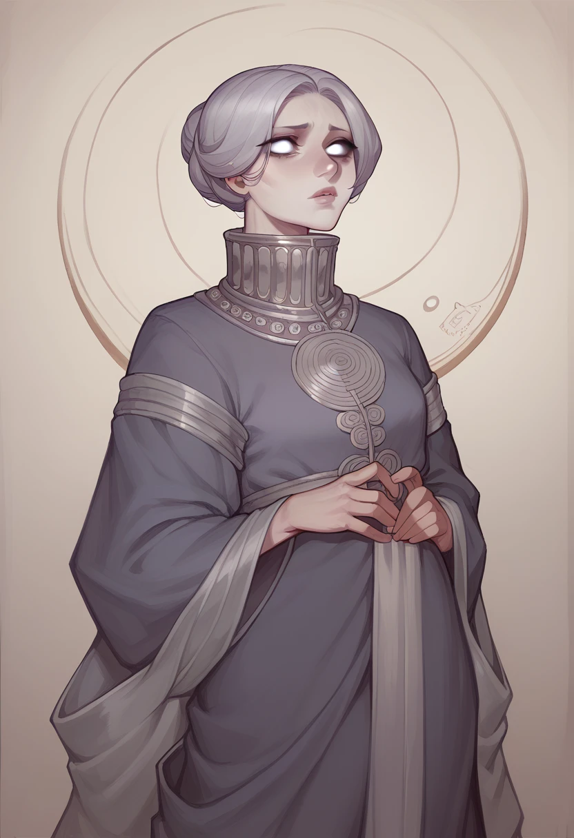 A mysterious woman stands firmly, her unseeing eyes gazing straight ahead, as if perceiving more than what is visible. She wears a dark, intricately embroidered robe with a high collar, and a silver blindfold covers her eyes. visual novel character