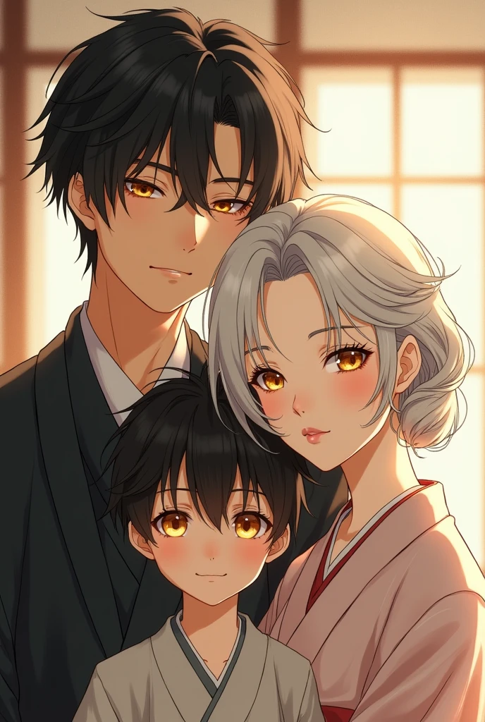  Japanese couple. A woman with natural white hair and golden eyes standing next to a man with black hair and grey eyes. They're both over 30.
Their two sons stand in front of them. The older son is handsome, he have messy white hair falling on his forehead. His eyes are golden. The second and youngest son is cute he have black hair and golden eyes. 