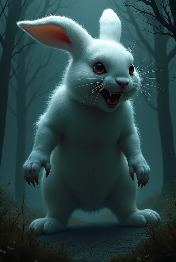 A scary white rabbit, macabre without being cute and without being realistic,