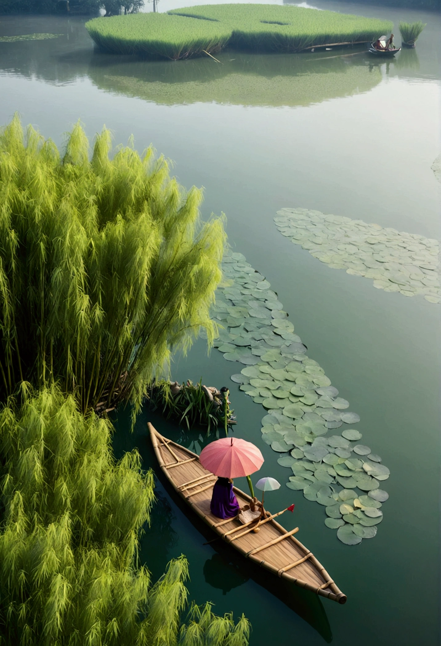 Misty，Aerial 92-degree angle shot of a woman on a bamboo raft holding an umbrella in front，There is a boatman behind with his back to，Like a Chinese landscape painting, it also looks like a fairyland, as if there is Buddha&#39;s light.，Maximum resolution，All the details can be seen clearly，Cinematic color grading