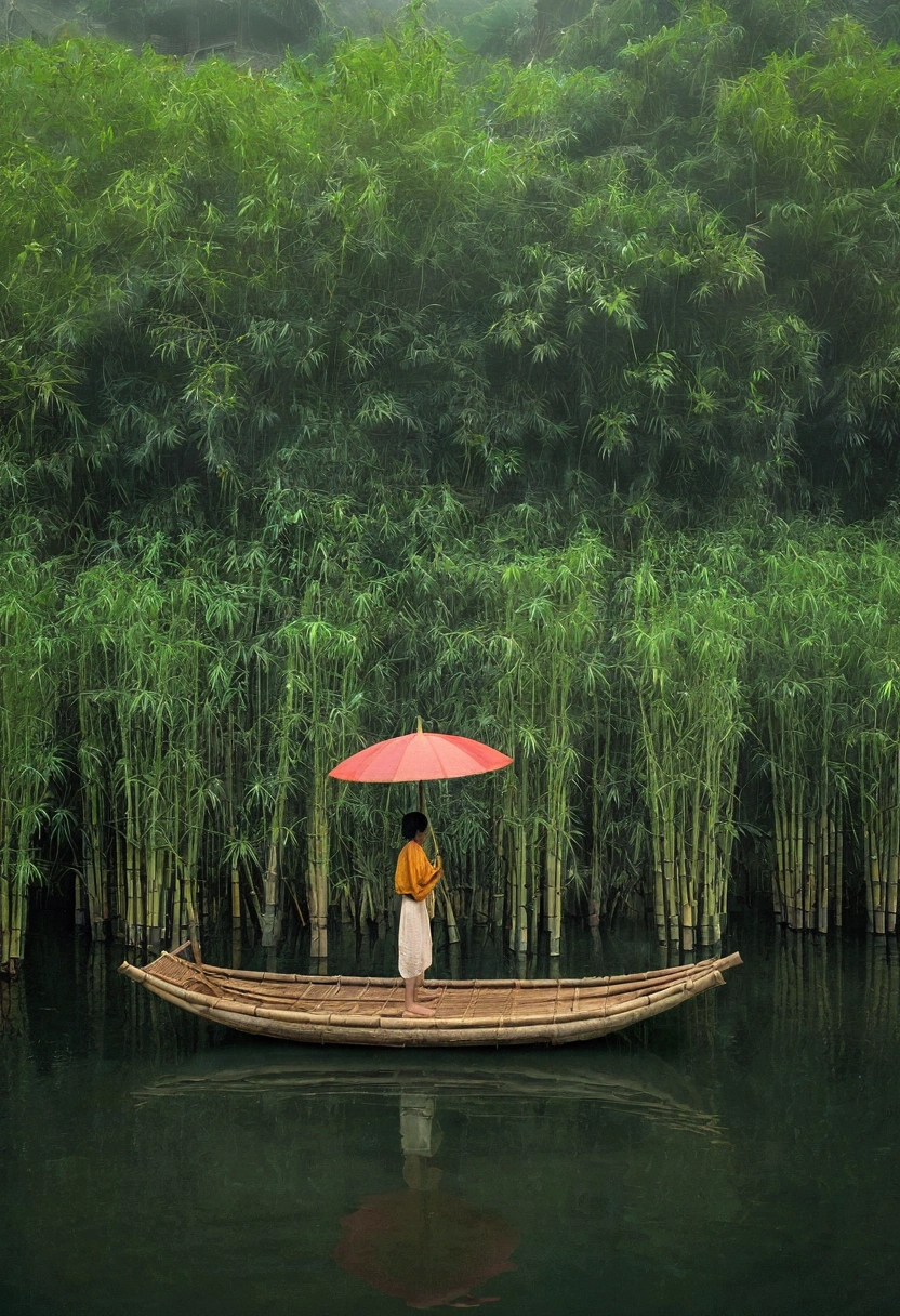 Misty，Aerial 92-degree angle shot of a woman on a bamboo raft holding an umbrella in front，There is a boatman behind with his back to，Like a Chinese landscape painting, it also looks like a fairyland, as if there is Buddha&#39;s light.，Maximum resolution，All the details can be seen clearly，Cinematic color grading