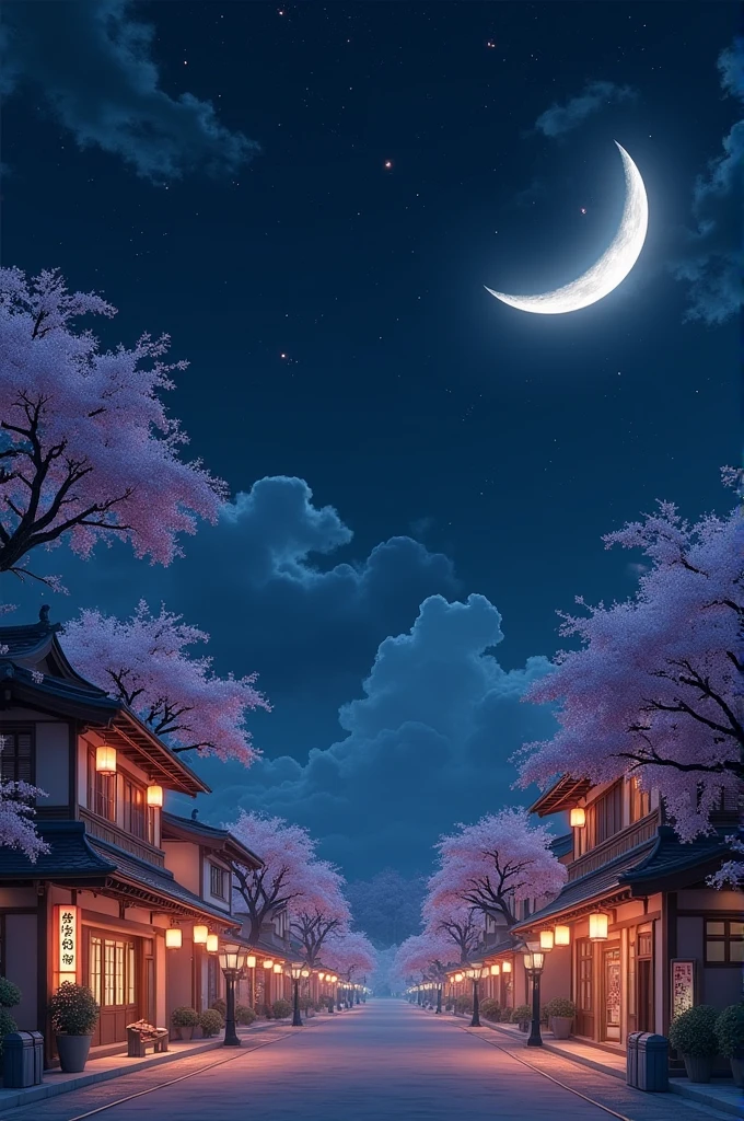 make a picture of Japan old Street view, night sky with Stars , moon , beutiful trees