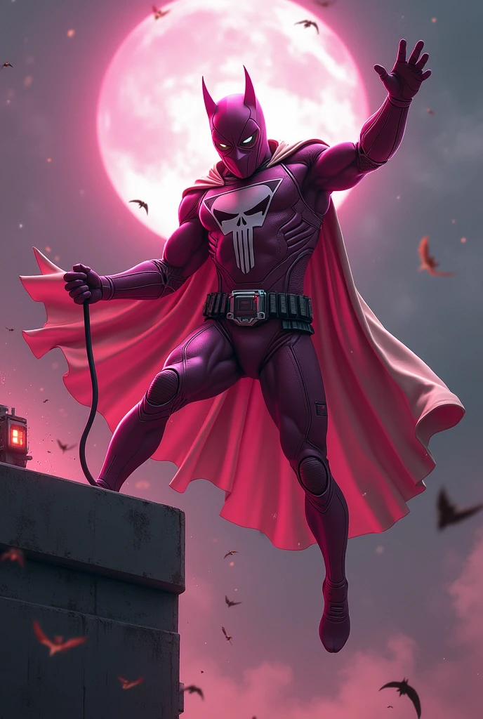 Malaysia man in high-tech suit, vivid effects, malaysian superhero (KELUANG MAN) in a striking pink and beige costume cyberpunk design, mask small mini bat ear beige, daredevil beige mask, jumpsuit dark pink stands confidently in a dramatic.jumping from high place.hero costume.one hand rise up. Big triangle logo on the chest.high detail Punisher logo on the chest. Fighting pose , stormy landscape. ((Head covered node guard like batman. Running pose , athletic body type, small mini ear bat mask))The character wears domino mask a helmet with pointed mini torn ears and a flowing cape biege, open nose and mouth. Equipped with visible futuristic weapons on a belt,bullet proof jacket pink dark day.show fingers pose, dark night, big supermoon effect . Small logo on chest triangle shape small punisher logo center(( skull triangle Casey Jones mask shape logo)) center on chest pink logo mini logo . rocky. Building top.smoke ground , bomb effect background, losse pants, losses costume.adding to --ar 3:4 --style raw --stylize 500 --v 6.1. chaos. Lot of small flying bat. One leg on the high stone. Man. Wear hologram watch.. Real man age 40 year old. One hand holding belt.one hand holding black rope hanging on building. Big pant pink. Beige cape joodie.(( Loose pant)) , jump on high building)marvel , X-Men. rope cable everywhere.