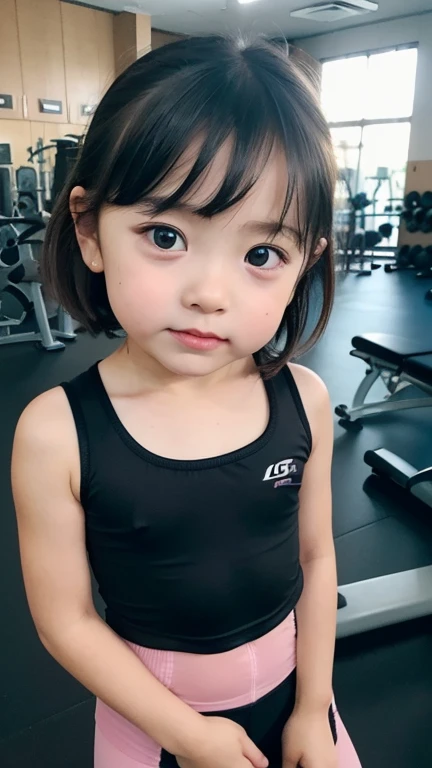 (best quality, masterpiece:1.4), ultra high res, 8k, ultra-detailed, (photo-realistic:1.2), RAW photo, perfect anatomy, detailed face, detailed eyes, detailed skin, 1girl, cute, Japanese, (little kid girl:1.5), bangs, standing, cyclewear, cycling shorts, bicycle pants, black hair, soft light, cinematic lighting, cinematic shadows, (looking at viewer:1.2), (at gym:1.4)