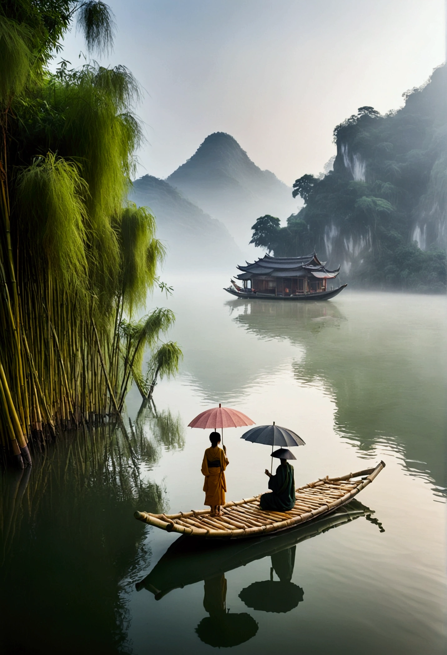 Misty，Aerial 92-degree angle shot of a woman on a bamboo raft holding an umbrella in front，There is a boatman behind，Like a Chinese landscape painting, it also looks like a fairyland, as if there is Buddha&#39;s light.，Maximum resolution，All the details can be seen clearly，Cinematic color grading
