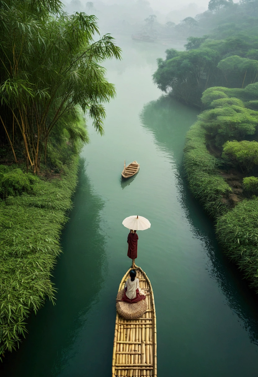 Misty，Aerial 92-degree angle shot of a woman on a bamboo raft holding an umbrella in front，There is a boatman behind，Like a Chinese landscape painting, it also looks like a fairyland, as if there is Buddha&#39;s light.，Maximum resolution，All the details can be seen clearly，Cinematic color grading
