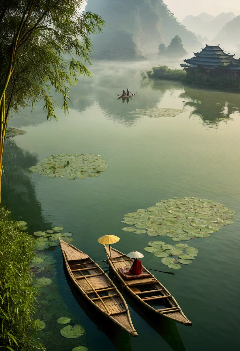 Misty，Aerial 92-degree angle shot of a woman on a bamboo raft holding an umbrella in front，There is a boatman behind，Like a Chinese landscape painting, it also looks like a fairyland, as if there is Buddha&#39;s light.，Maximum resolution，All the details can be seen clearly，Cinematic color grading
