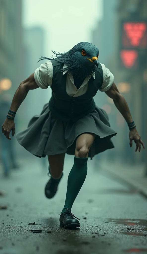 ((Highest quality)), ((masterpiece)), (horror movie posters:1.5), (short-sleeved shirt), (Motion Blur:1.1), (Grey Female Dove vs Jason), (Jason runs ahead:1.6), A muscular grey female pigeon chasing after someone, グレーの女性のハトがオフホワイトで襟付きのshort-sleeved shirtに薄茶色のベストを着てひざ丈の黒いスカートに濃い緑の靴下と黒の靴を履いている, Photorealistic images,