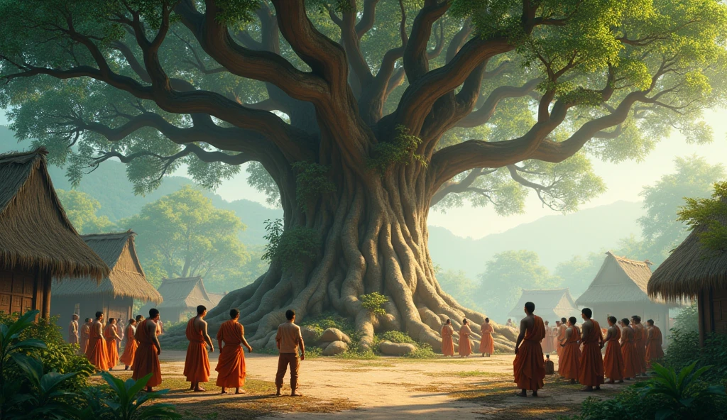 In 3D animation style:A massive, ancient banyan tree in the center of the village, with thick, twisting roots and sprawling branches. Villagers gather around it, showing reverence.