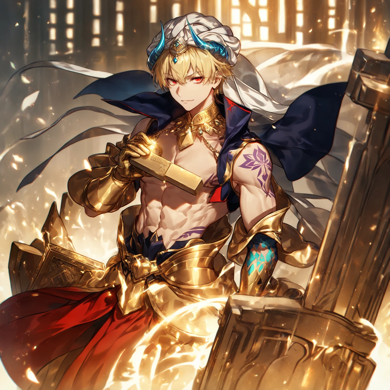 absurdres, highres, ultra detailed, HDR, master piece, best quality, extremely detailed face, delicated features, Gilgamesh (caster), blonde hair, expressive red eyes, Fate Grand Order, solo, sexy man, handsome, adult face, manly man, purple tattoo on the shoulder, toned chest, single golden gauntlet, golden necklace, turban with blue horns, holding a stone tablet,  jelwery, red roses, window, curtains, throne room, fantasy, magical