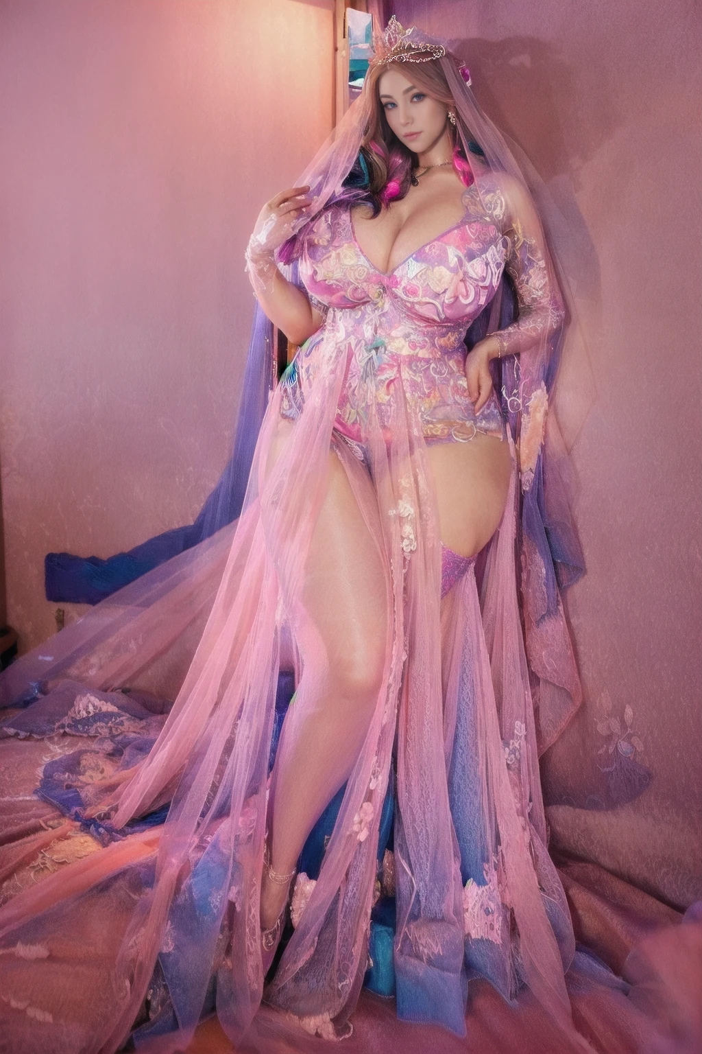 Attractive dressing Beautiful colorful hairs,perfect facial features strip band on eyes of well dressed Women in bedroom empty hand's ,looks like gorgeous wife giving a eligent pose standing near the window, wearing princess wedding gown dress, added anime stockings ((with big body curves, attractive queen diamond crown full dressed pink and purple clothing,bouncy breasts:2.4 thin waist,big wide hips , but gigantic thighs)) wearing necklaces with princess sexy attractive long frock clothes full body clothing wedding pink and purple bride clothes added coastly stockings flowen net design frock