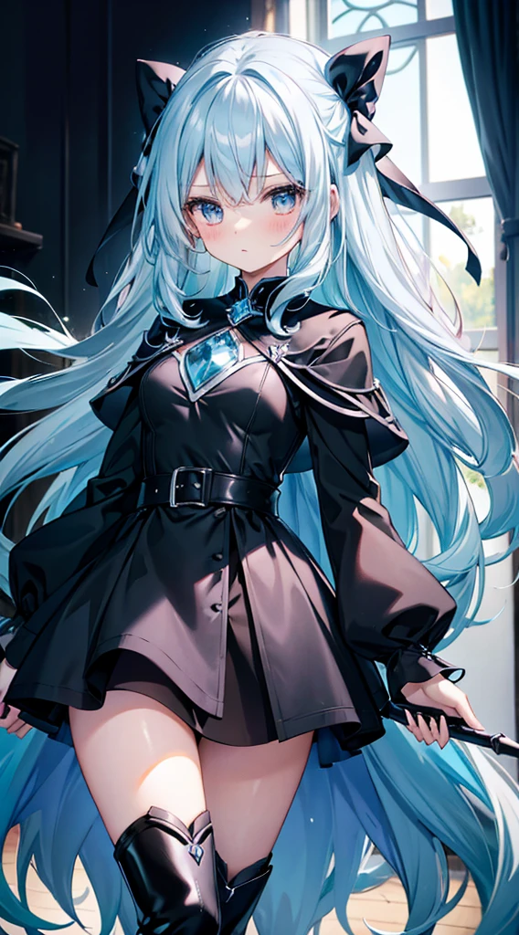 light blue　Long Hair　　Magical girl　Black Dress　mini skirt　beautiful girl　slender　Embarrassing　blush　Black boots　cool　Magic wand　fight　battle　Get Ready　Black coat