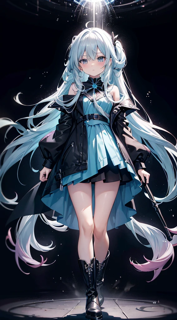 light blue Long Hair Magical girl Black Dress mini skirt beautiful girl slender Embarrassing blush Black boots cool Magic wand fight battle Get Ready Black coat