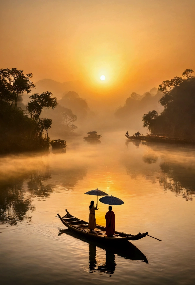 Misty,Sunset through the fog,Aerial 92-degree angle shot of a woman on a bamboo raft holding an umbrella in front,There is a boatman behind,Like a Chinese landscape painting, it also looks like a fairyland, as if there is Buddha's light.,Maximum resolution,All the details can be seen clearly,Cinematic color grading