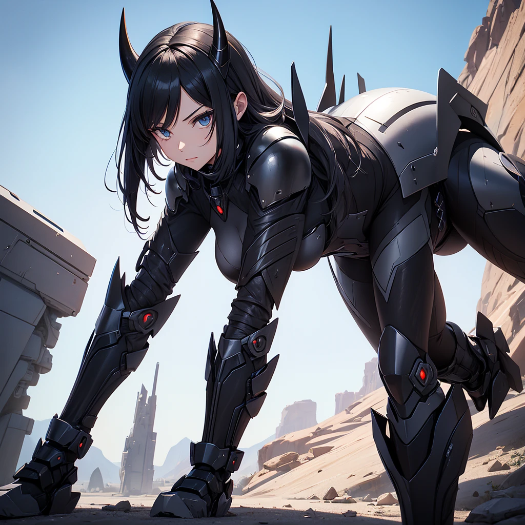 Make character alone. futurist. She must have black clothes. technological armor. besides having futuristic horns. It should be in a desert setting.
