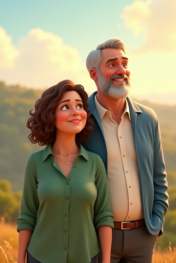 Pixar style image of a 40 year old couple, full body shot. the wife is in front , She has a green shirt, She has shoulder length light brown curly hair, white skin,plump complexion, The husband behind her is white-skinned, grey hair, shaved beard white shirt and blue jacket, They are looking towards the horizon, they are smiling