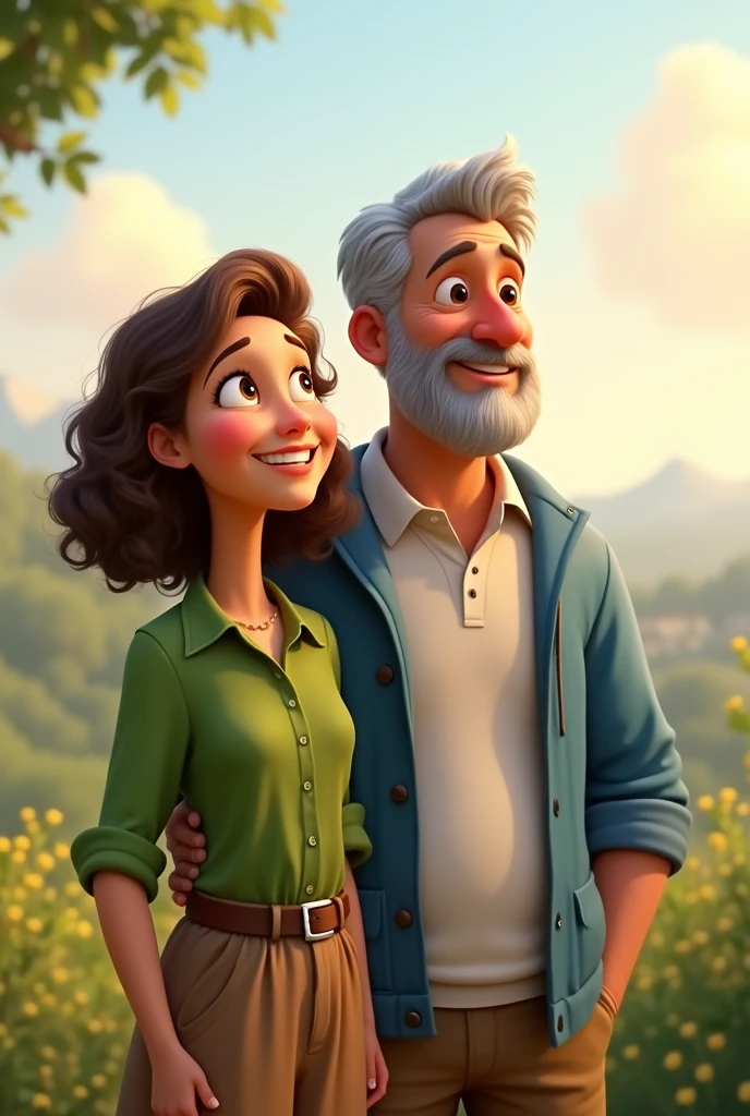 Pixar style image of a 40 year old couple, full body shot. the wife is in front , She has a green shirt, She has shoulder length light brown curly hair, white skin,plump complexion, The husband behind her is white-skinned, grey hair, shaved beard white shirt and blue jacket, They are looking towards the horizon, they are smiling