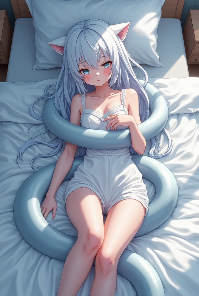 Japanese anime style，White-haired girl，On the bed，Wear white，Charm，A little bit of reality，Some body details，Cat girl，Bust A，Being entangled and assaulted by a slime monster