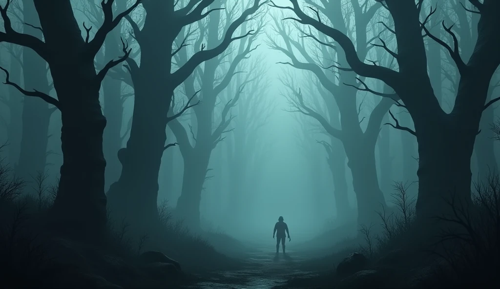 In 3D animation style:A dense, dark forest near the village, filled with thick fog and eerie shadows. The trees are tall and twisted, and there is a sense of mystery and danger.