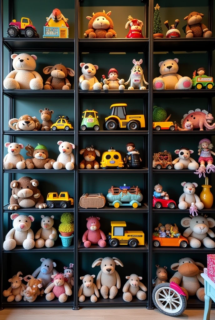 (CREATE A STORE WITH BLACK METAL SHELVES WITH TOYS, IN IT REMOTE CONTROL CARS, dinosaurs, COW JUMPERS, tractors, dolls, TRICYCLES, LET THEM BE 2 SHELVES)
