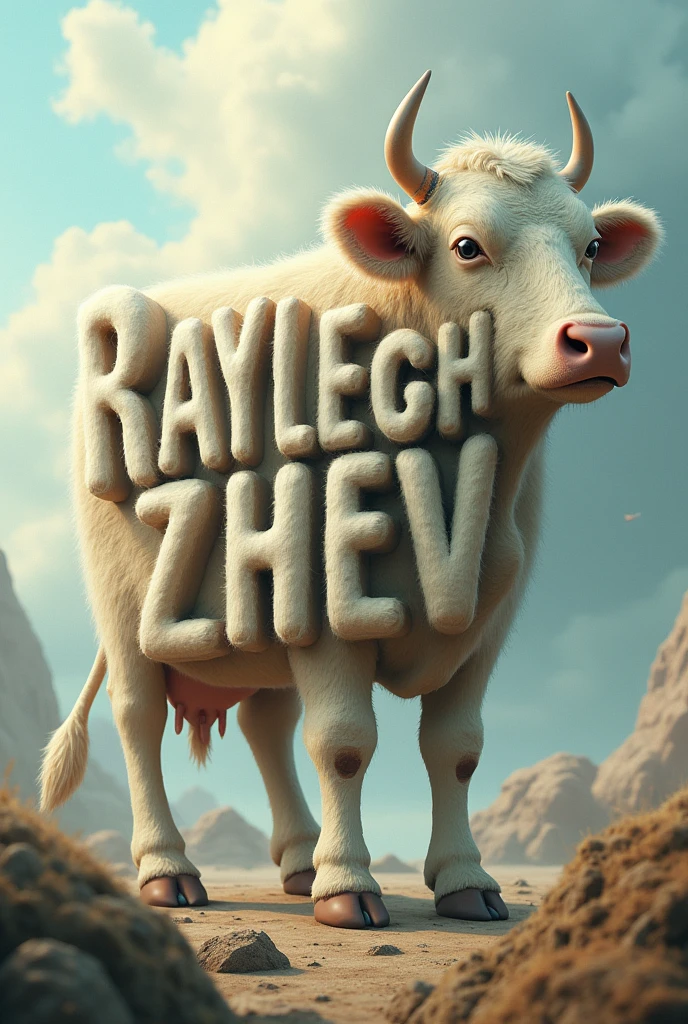 The text is Rayleigh Zhev with a cow design
