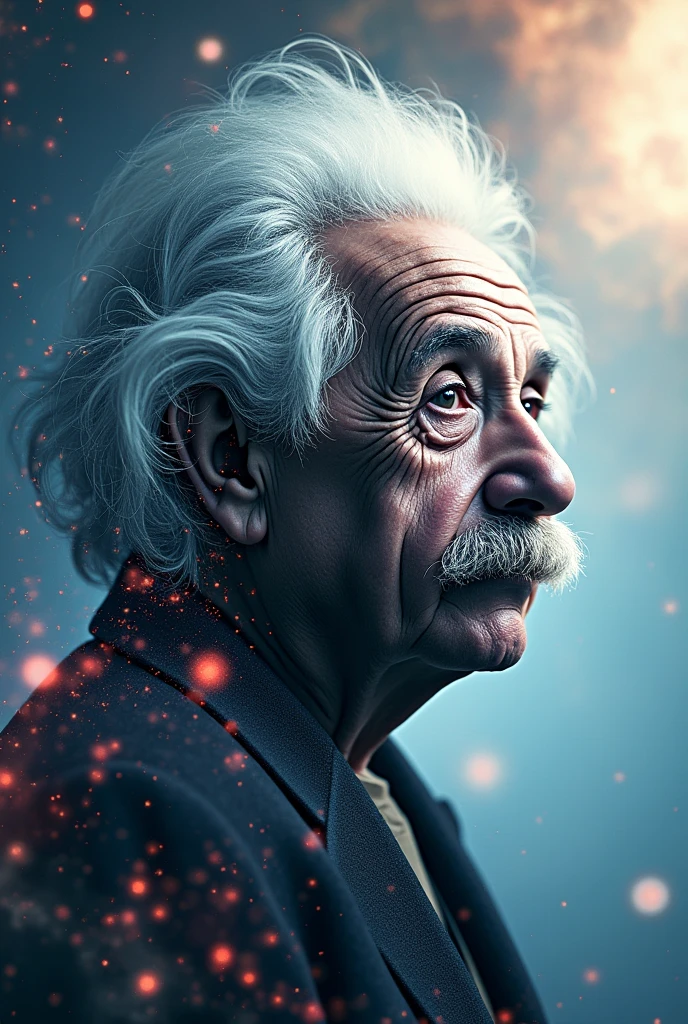 Use a double exposure effect where Einstein's face is merged with an abstract cosmic background, representing the boundless nature of imagination. Overlay the quote in a sleek, minimalist font, with key words like "Imagination" highlighted in a vibrant color.