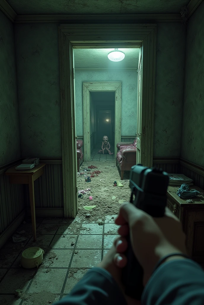 abandoned mansion, first person perspective with a pistol in hand, Room with baby zombie playing 