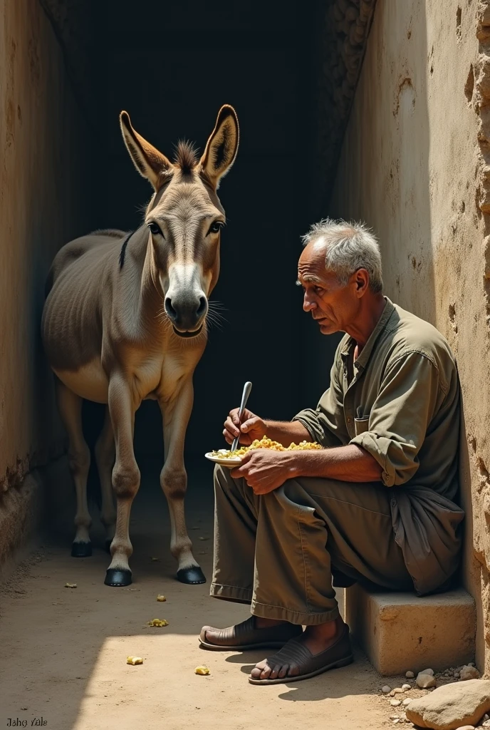 Scene 2: Gadha Bheookha aur Beemar
Gadha din bhar ki mehnat ke baad bhookha hai. Dhobi maze se khana kha raha hai, lekin gadha ek kone mein bhooka khada hai. Uski aankhon mein thakan aur beemari ki nishaniyan hain.