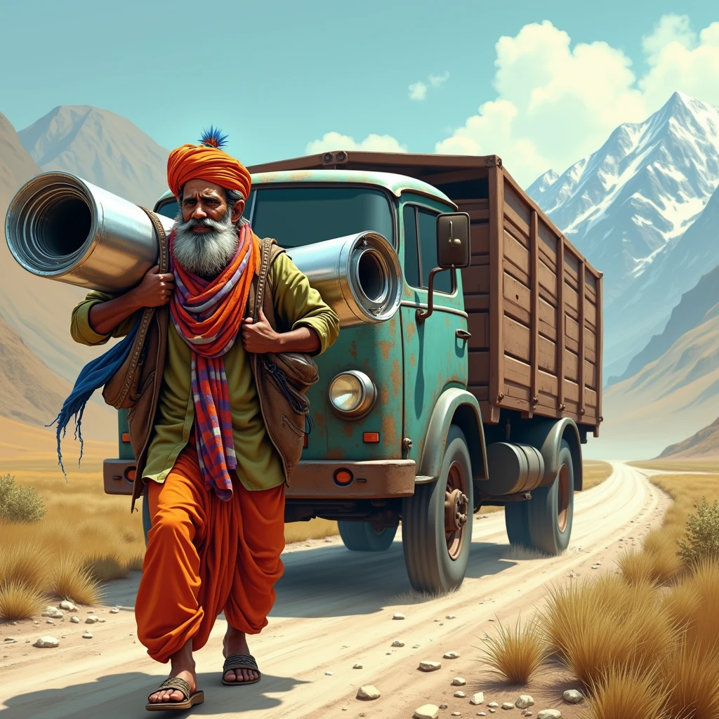 A colorful Indian carries shiny rolls of stainless steel to Russia in a wrecked truck
