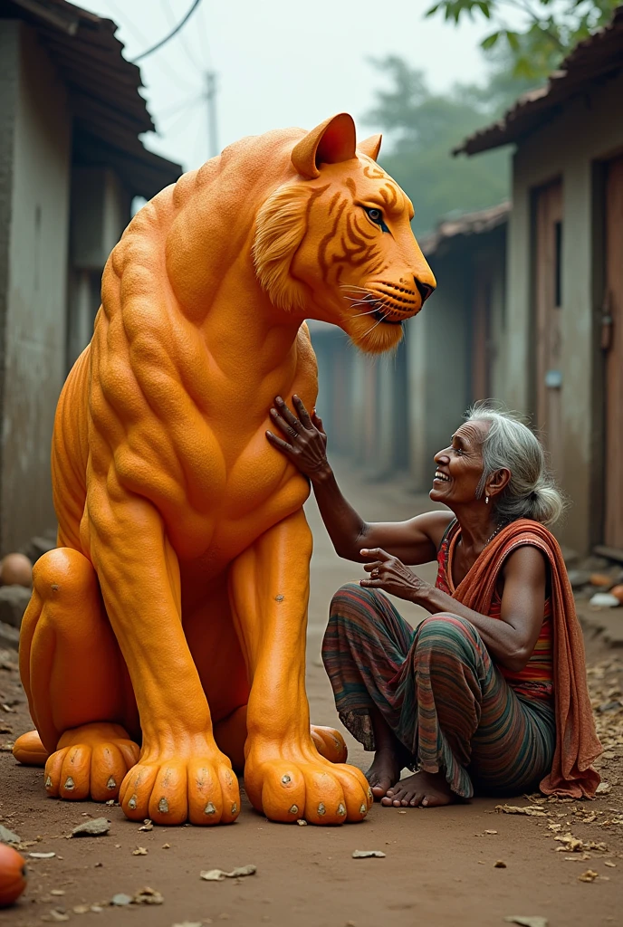 A poor Indian oldwoman sitting on the ground making a huge tiger out of papaya which is very long