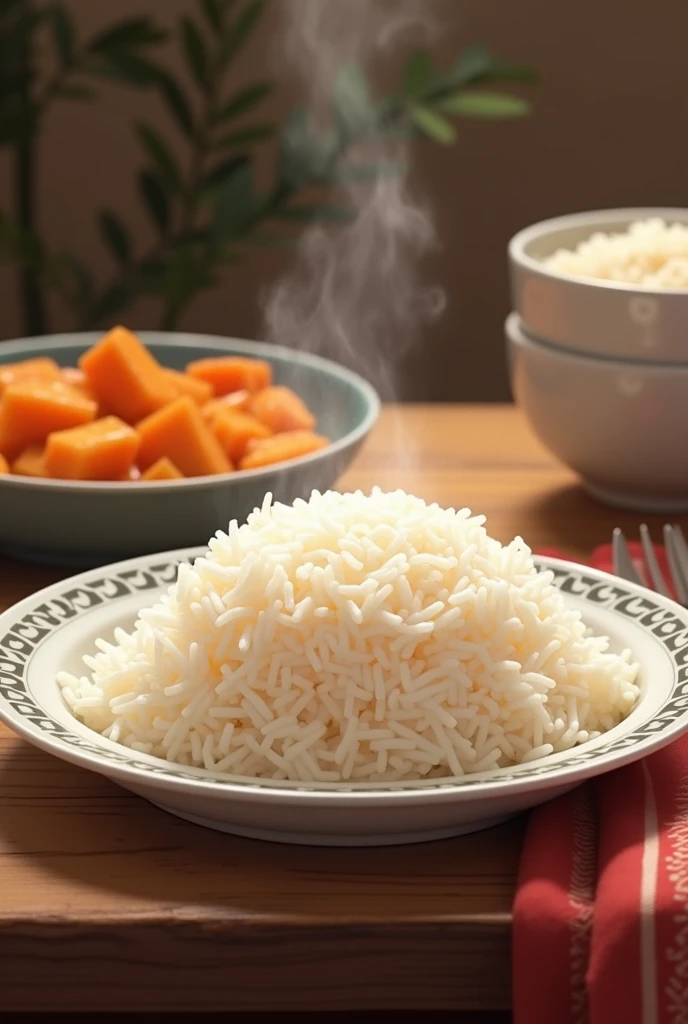 Plate of food with rice on a non-oriental family table

