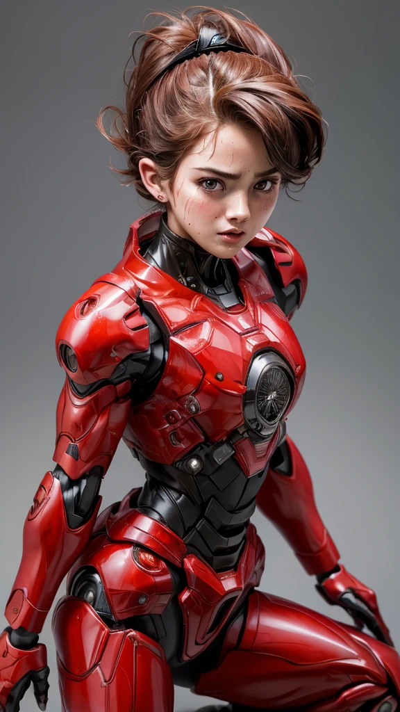 Highest quality　8k Red Robot Suit Girl　Sweaty face　Vulpix　short hair　boyish　Steam coming out of my head　My hair is wet with sweat　Black Hair　Full body portrait　My upper body is soaked　　Spread your legs　I can see the vagina　