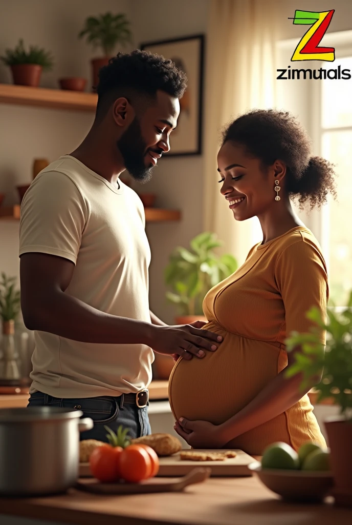 Create a realistic picture of a black couple, the wife is pregnant and the husband is cooking in the kitchen. Make the couple's age around 30 years both. And write ZimVitals in water mark, with the Z having green, yellow, red and black colour. 