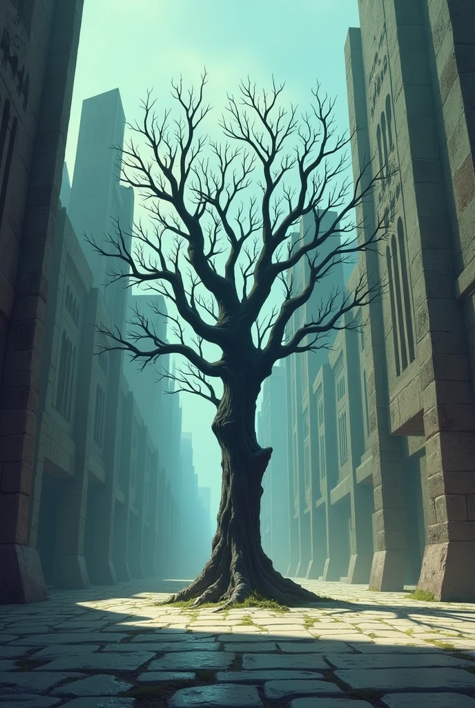 dead tree in a square. 2d illustration. fantasy style.
