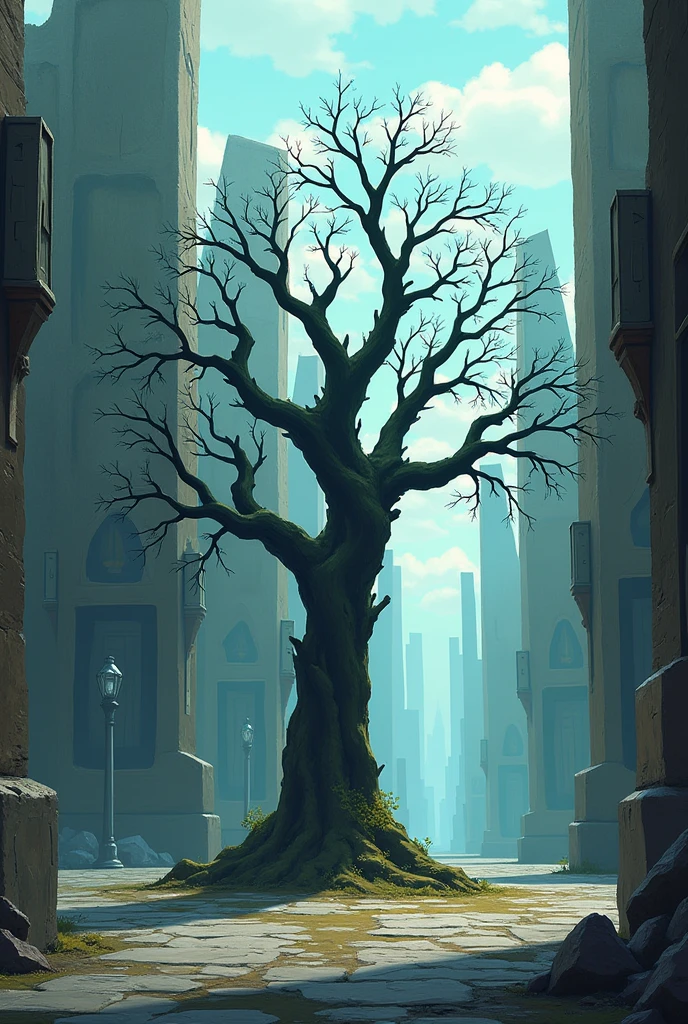 dead tree in a square. 2d illustration. fantasy style.