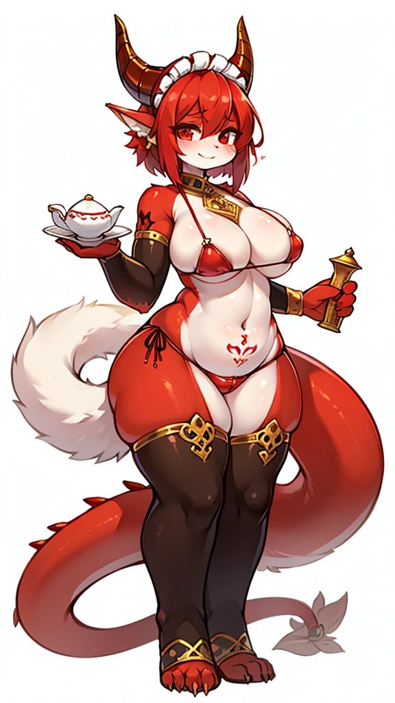  female red dragon head,  golden dragon horn,Covered with shiny red scales and a long tail. Wearing a stylish mini bikini maid outfit. . ，Posture straight，Handheld teapot，Full body portrait，Expression smile，Large Breas white background，Very Very Intricate Uterus Tattoo