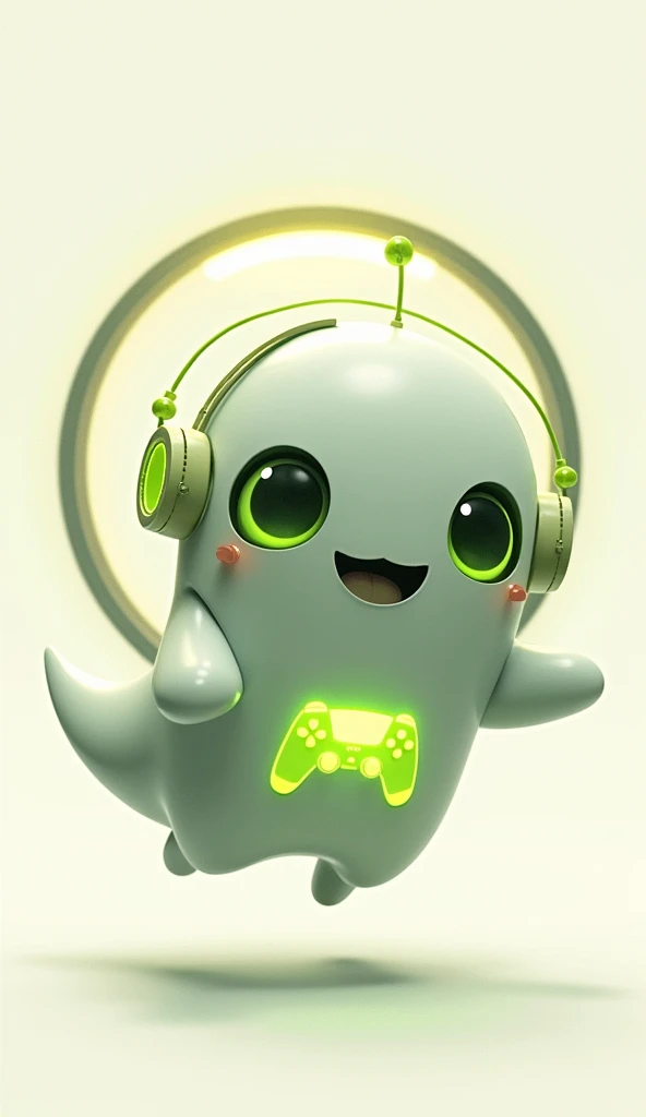 Create a medium-sized robot pet with a ghost-like appearance. With slightly rounded shapes resembling a drop. On your hands you have well defined fingers. His facial expression has large, green eyes with a glow, conveying a friendly and cheerful expression. He has a small open mouth with a happy smile and flushed cheeks.. Its body is white with small green details and a smooth, slightly shiny texture.. He has a headset on his head with an adjustable microphone positioned close to his mouth.. And on his chest you can see the illuminated shape of a Playstation 5 controller in fluorescent green.. It floats in the air, as if he were ready for an adventure. Behind the character you can see a portal where the word is written "Soul Gamer".