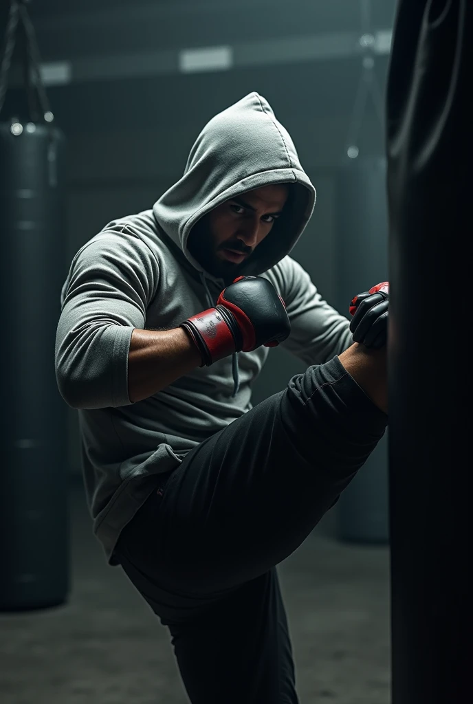 Man in grey hoodie with sleeves torn to shoulders with dark face training aggressively in the shadows of a mma gym, throwing a high side kick to a punching bag 