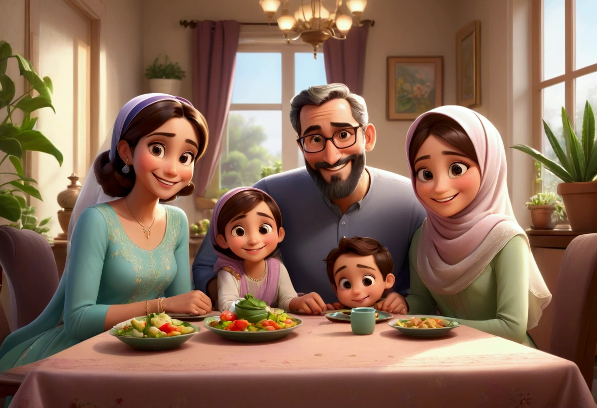 Draw in Pixar style, a smiling family that looks happy, the family is sitting in the dining room around the dinner table, the family consists of the father, who is 35 years old, and the mother, who is 2, in modest Islamic dress, her head is covered and her dress is beautiful and long, the family also consists of the son, who is , and the daughter, who is , the details are wonderful and the image quality is high, the lighting is high coming from the windows, and the colors are rich, the living room is organized and elegant and has some plant pots