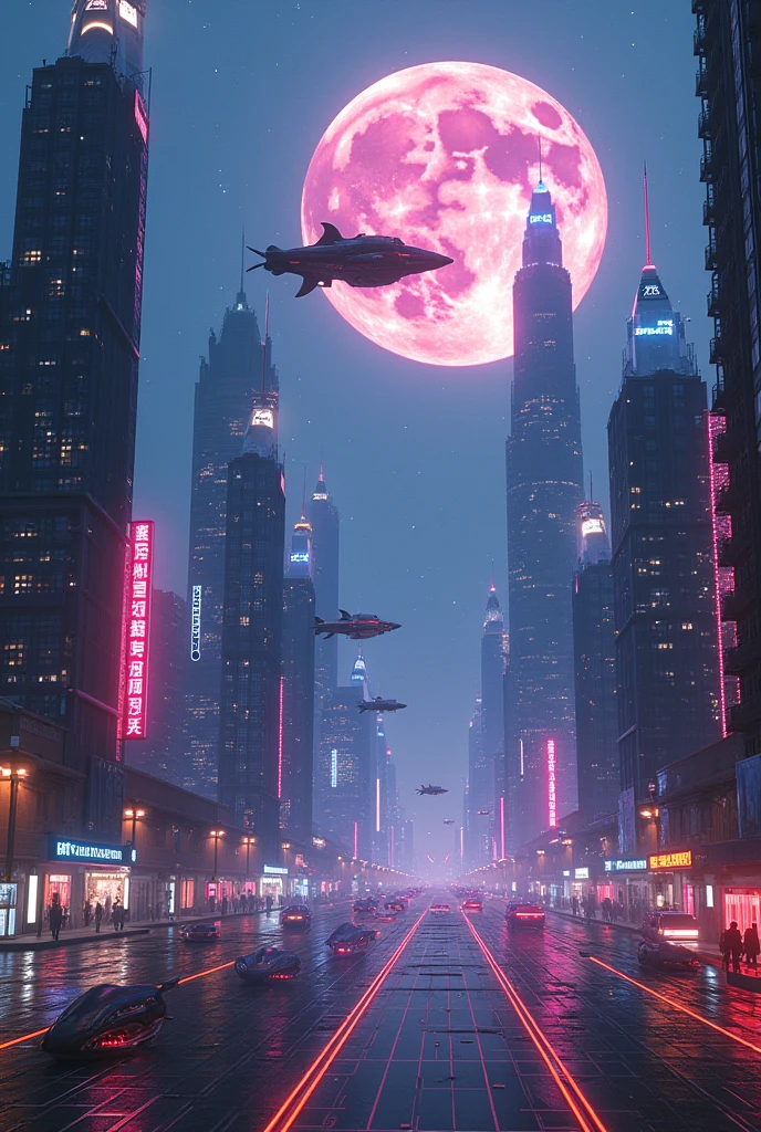 A futuristic city skyline at dusk, with neon lights reflecting off towering skyscrapers and flying cars zipping through the air, under a starry sky with a large moon
