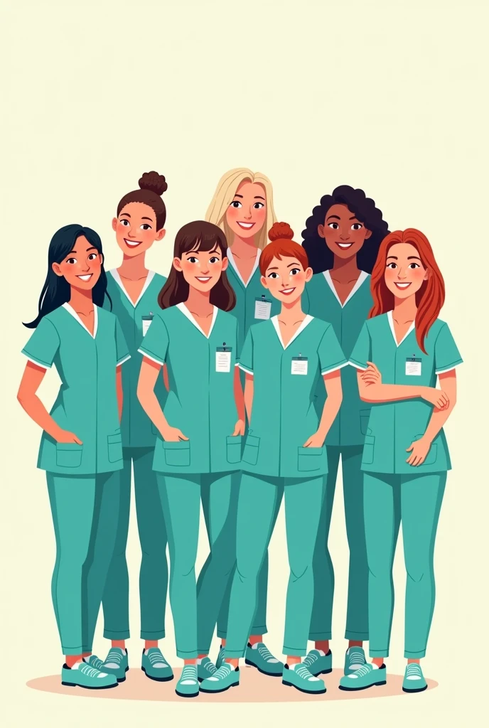 seven nurses together looking forward in turquoise uniform cartoon