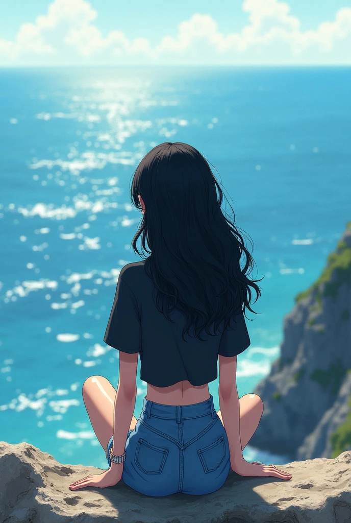A girl with black long curly hair is sitting facing the sea, wearing a black shirt, white short t-shirt and denim shorts