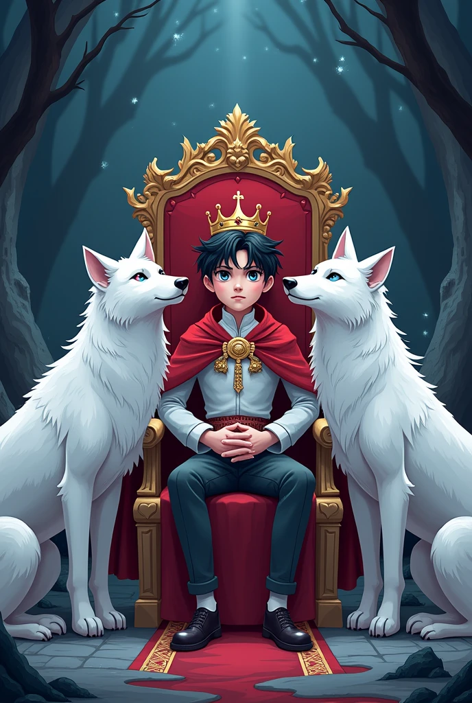 A 2 white prince,with black hair and a red crown,He's strong, on a throne surrounded by white wolves in a kingdom of eternal night, he is young ,cartoon drawing style