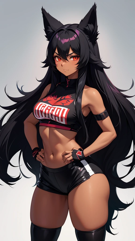 one girl,long thick black hair and at the ends of the hair they are crimson,one pair of black and crimson fox ears,two black fox tails and at the end they are crimson,slightly dark skin,pumped up,pres,Beautiful face