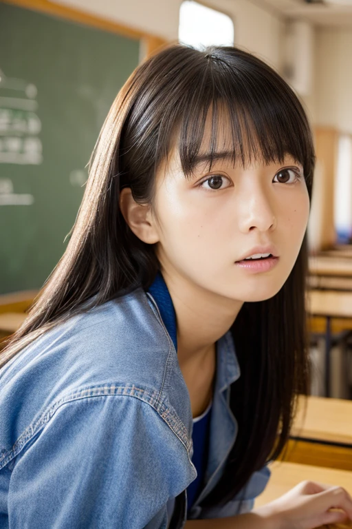 ((Highest quality, masterpiece :1.3)), Realistic、Ultra-high resolution、Natural skin texture、Hyperrealism、Nearby Movies、Beautiful Japanese girl in her late teens、((Strapless))、Angry expression、Shooting in the classroom