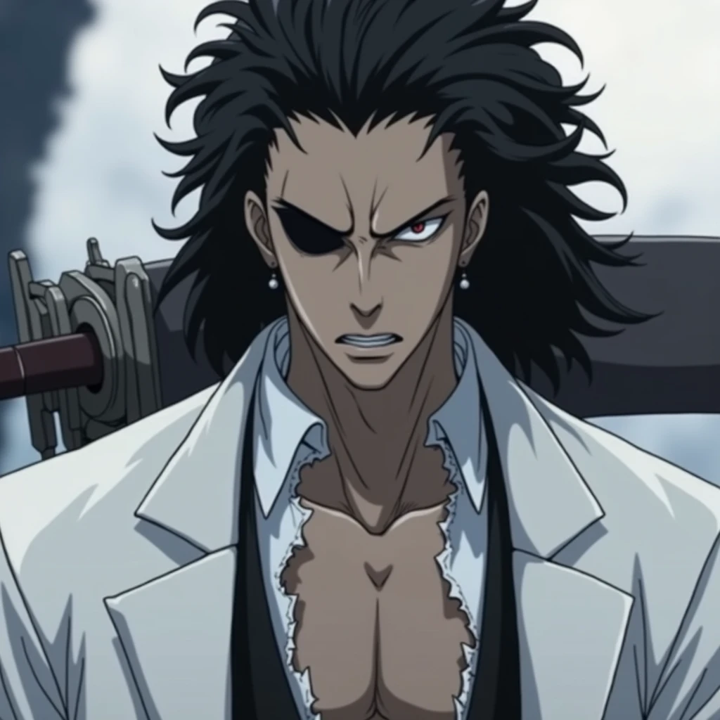 absurderes, high resolution, ultra detaild, HDR, Masterpiece artwork, best qualityer, extremly detailed face and eyes, face perfect, ๐๐๐ซ๐๐ค๐ข ๐๐๐ง๐ฉ๐๐๐ก๐ข de Bleach, He has a fierce gaze with only one visible eye., the other covered by a strip of fabric. He wears a long, ragged cloak and carries a large, jagged sword..
