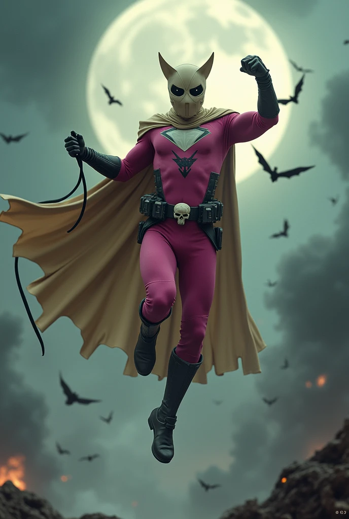 Malaysia man in high-tech suit, vivid effects, malaysian superhero (KELUANG MAN) in a striking pink and beige costume cyberpunk design, mask small mini bat ear beige, daredevil beige mask, jumpsuit dark pink stands confidently in a dramatic.jumping from high place.hero costume.one hand rise up. Big triangle logo on the chest.high detail Punisher logo on the chest. Fighting pose , stormy landscape. ((Head covered node guard like batman. Running pose , athletic body type, small mini ear bat mask))The character wears domino mask a helmet with pointed mini torn ears and a flowing cape biege, open nose and mouth. Equipped with visible futuristic weapons on a belt,bullet proof jacket pink dark day.show fingers pose, dark night, big supermoon effect . Small logo on chest triangle shape small punisher logo center(( skull triangle Casey Jones mask shape logo)) center on chest pink logo mini logo . rocky. Building top.smoke ground , bomb effect background, losse pants, losses costume.adding to --ar 3:4 --style raw --stylize 500 --v 6.1. chaos. Lot of small flying bat. One leg on the high stone. Man. Wear hologram watch.. Real man age 40 year old. One hand holding belt.one hand holding black rope hanging on building. Big pant pink. Beige cape joodie.(( Loose pant)) , jump on high building)marvel , X-Men((. rope cable everywhere.. ))