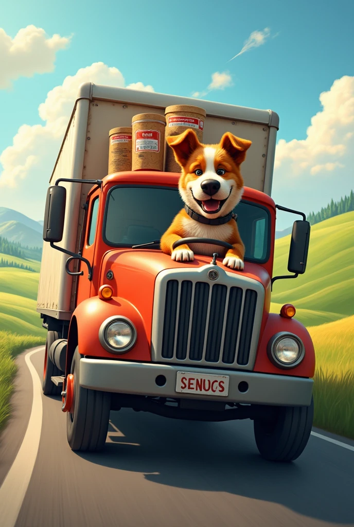 There's a dog driving a truck and behind it some packages of food